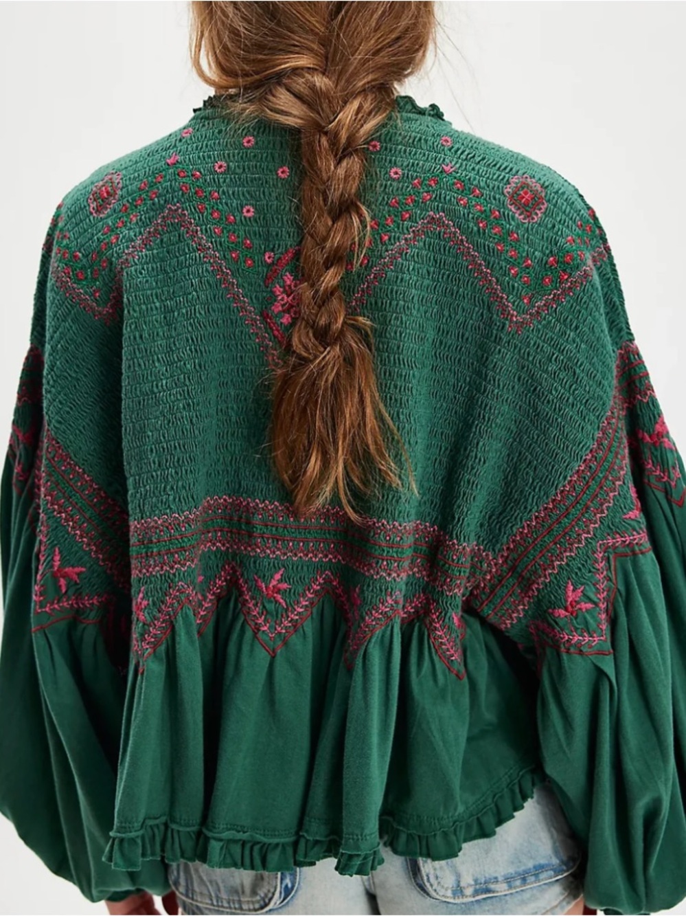 Free People Boho Teal Peasant Blouse W/ Ruffled Hem& Embroidered Accents NWT - Picture 10 of 16